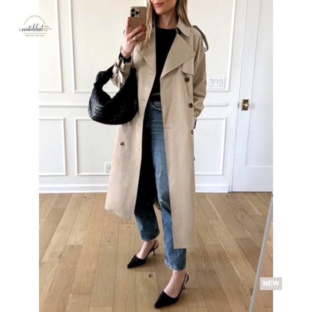 Long Trench Coat Double Breasted Classic Lapel Overcoat with Belt - Picture 3 of 7